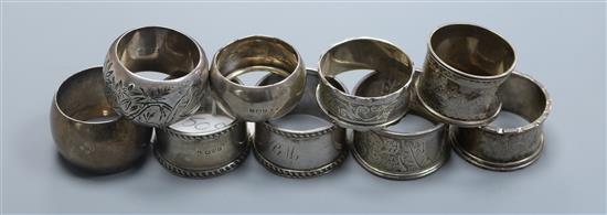 A pair of silver napkin rings, Chester, 1906 and seven other assorted silver napkin rings including Victorian.